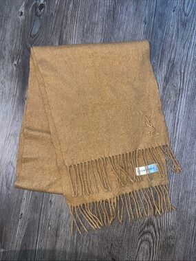YSL YVES SAINT LAURANT Camel/Tan Wool Fringed Scarf with YSL Monogram